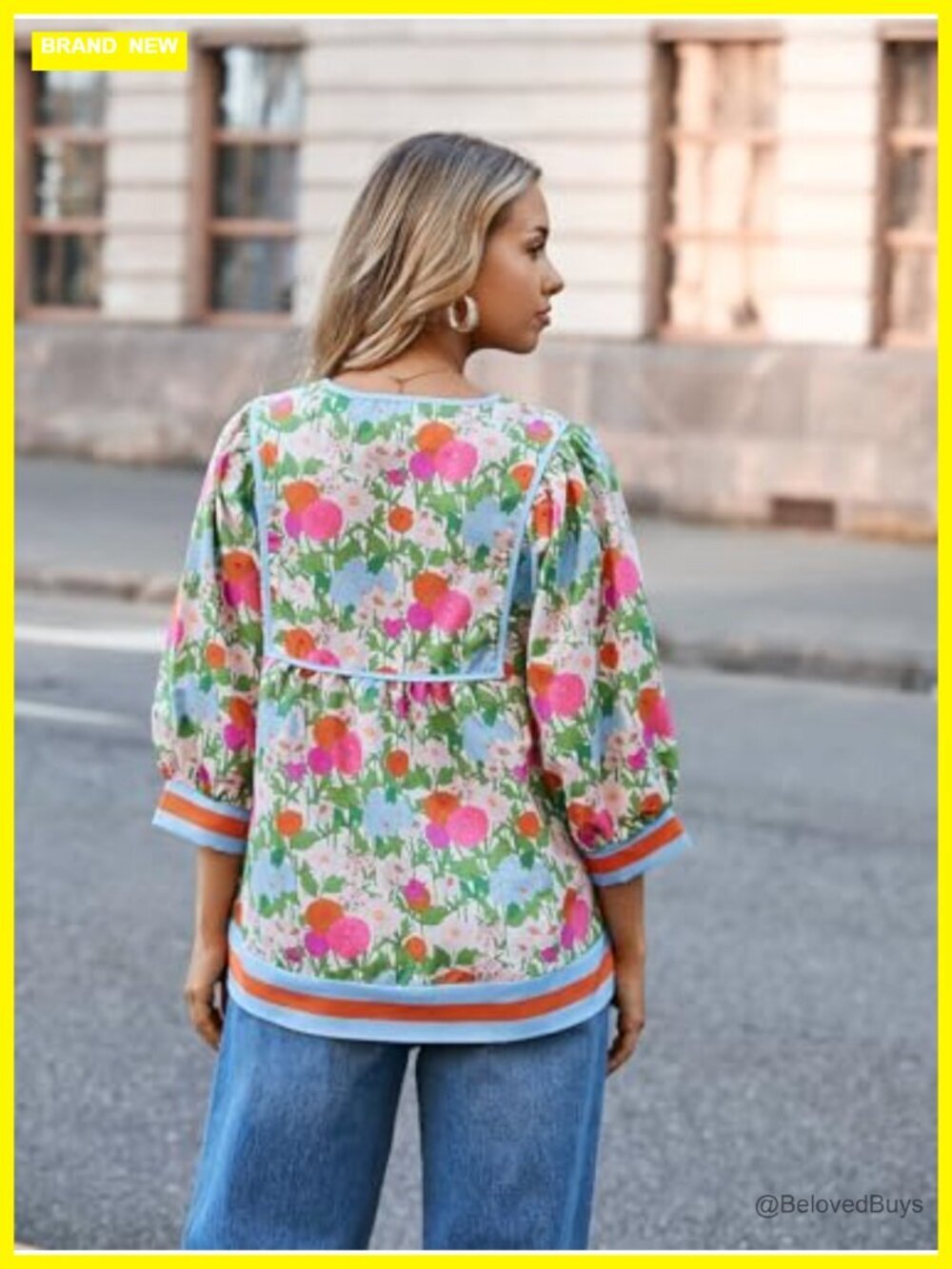Floral Print Babydoll Blouse V Neck 3/4 Sleeve Peplum Top Casual Loose Fit Boho - Picture 4 of 7